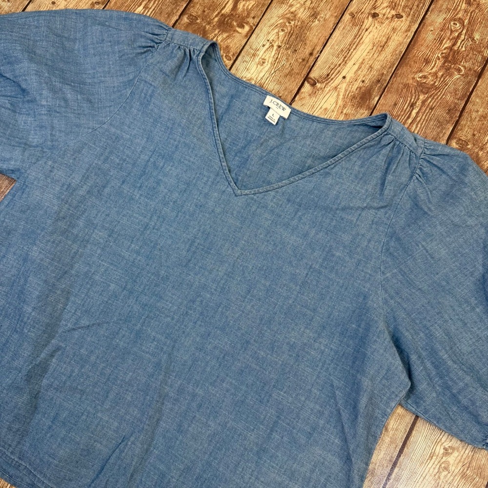 J.Crew V-Neck Puff Sleeve Blouse Womens Large Blue Chambray Cotton Top